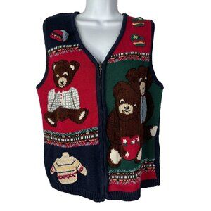Vintage 90s Capacity Teddy Bear Sweater Vest Size M Red Blue Patchwork Zip Up